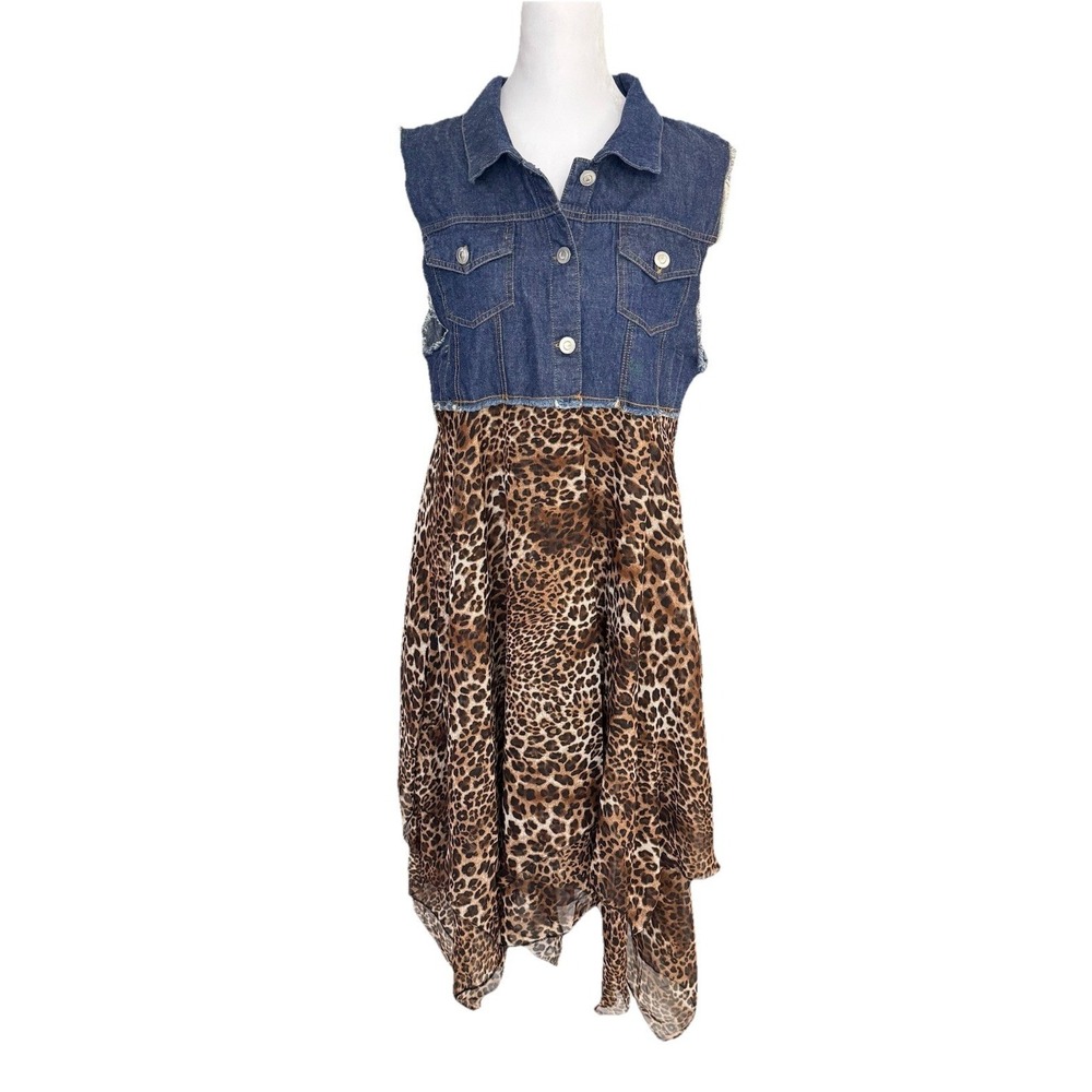 Western Handkerchief Leopard Maxi dress Jean Denim Frayed Size Small / Medium
